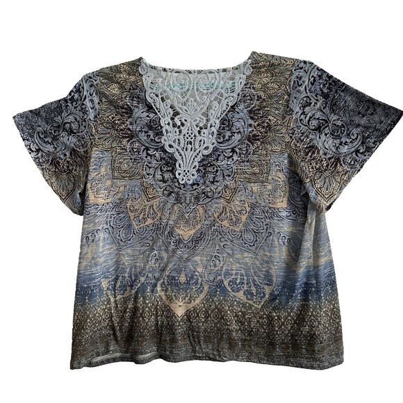 Catherines Tunic Shirt Women's 2X Rhinestone & Lace Embellished Blouse Tee Blue - Picture 2 of 8